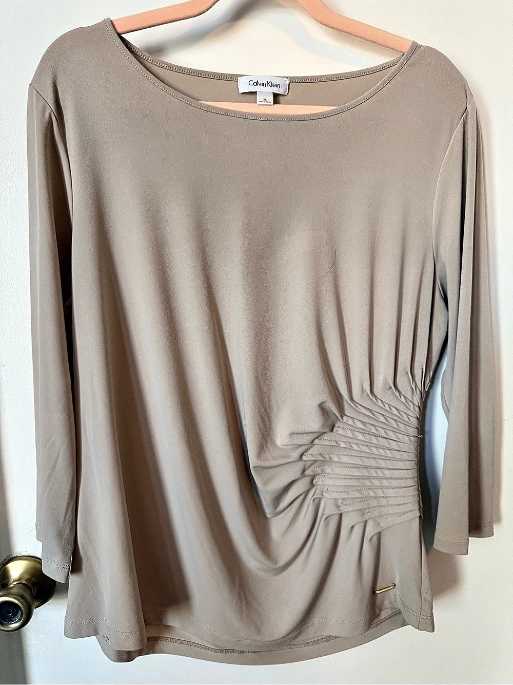 Calvin Klein XL Taupe Ruched Side 3/4 Sleeve Blouse
